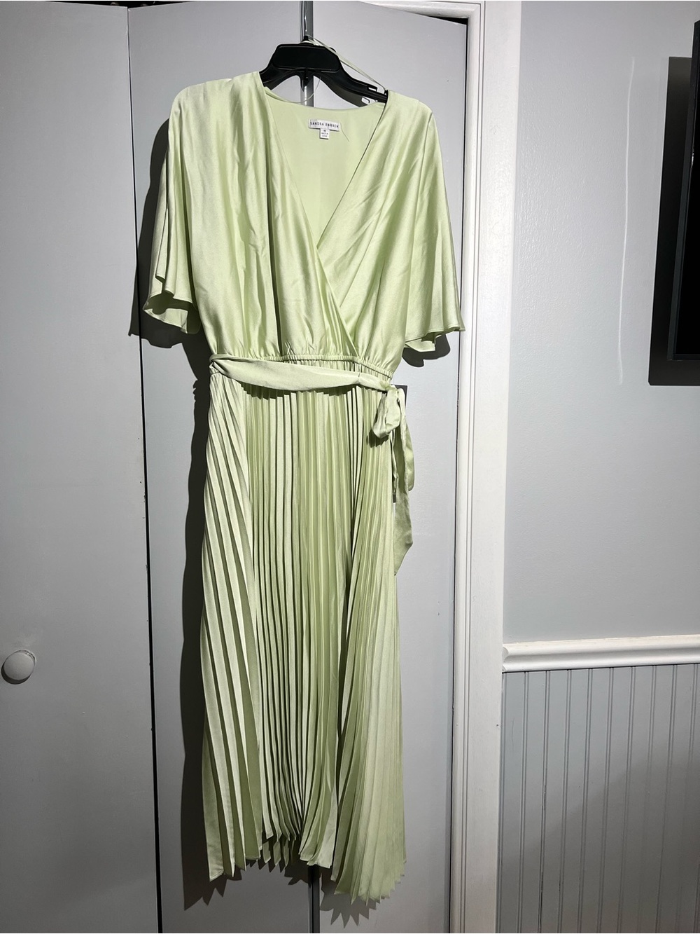 Sandra Darren Light Green Pleated Wrap Midi Dress